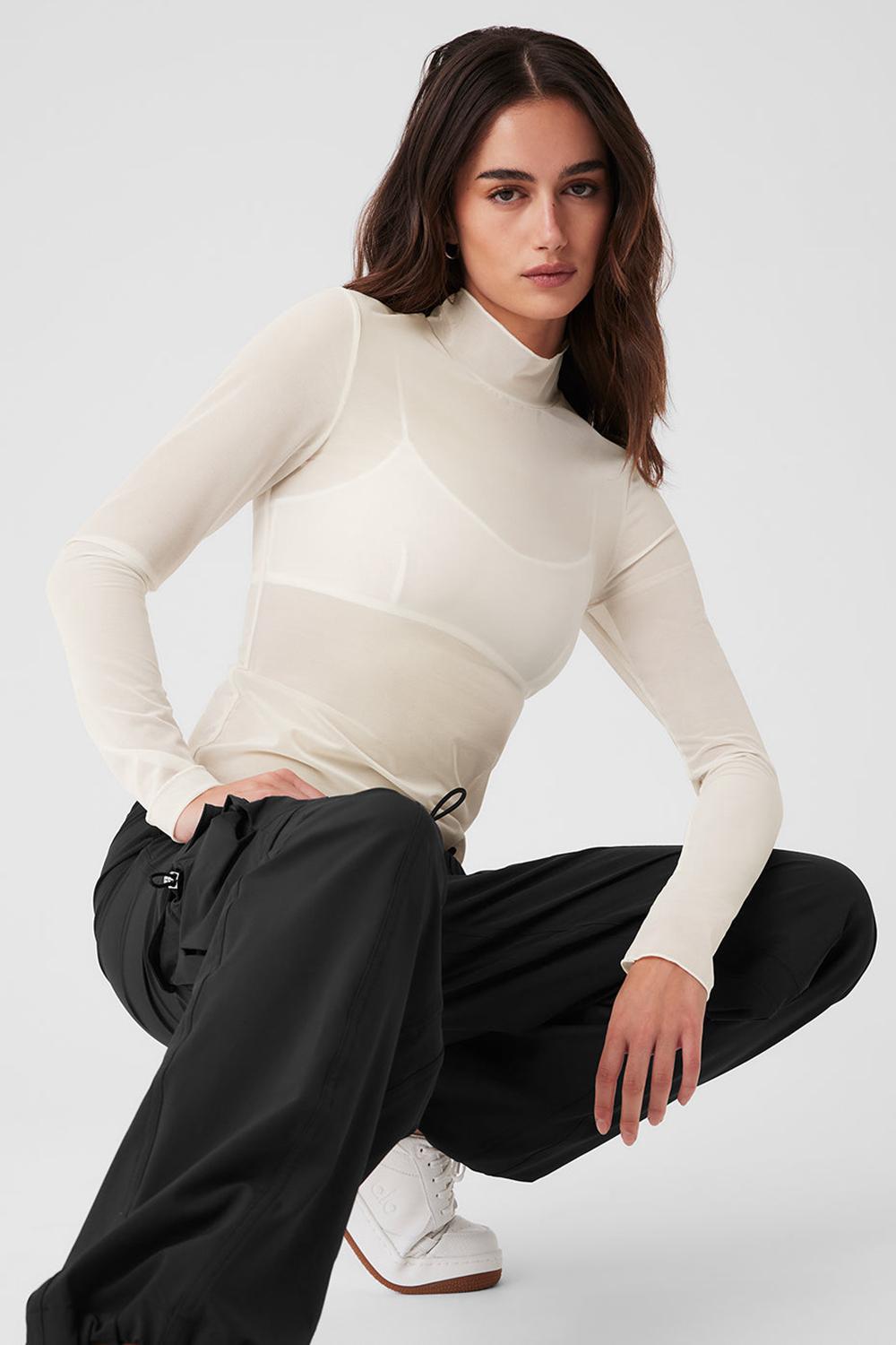 Manga Larga Alo Yoga Mesh Sheer Illusion Mock Neck Mujer Ivory | Mexico  KEJ-704283