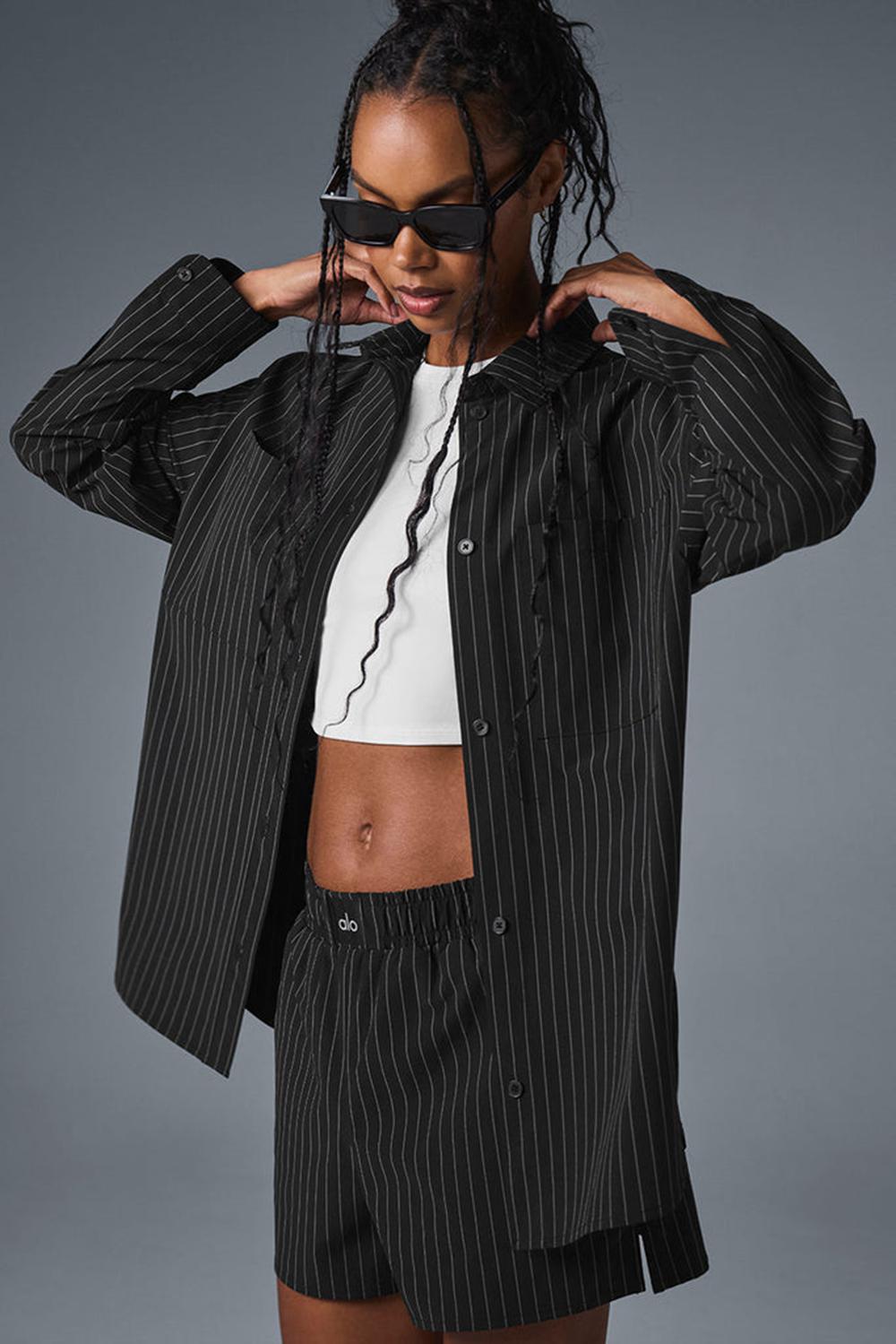 Manga Larga Alo Yoga Pinstripe Daylight Button Down Mujer Negros Titanium | Mexico  YBD-654901