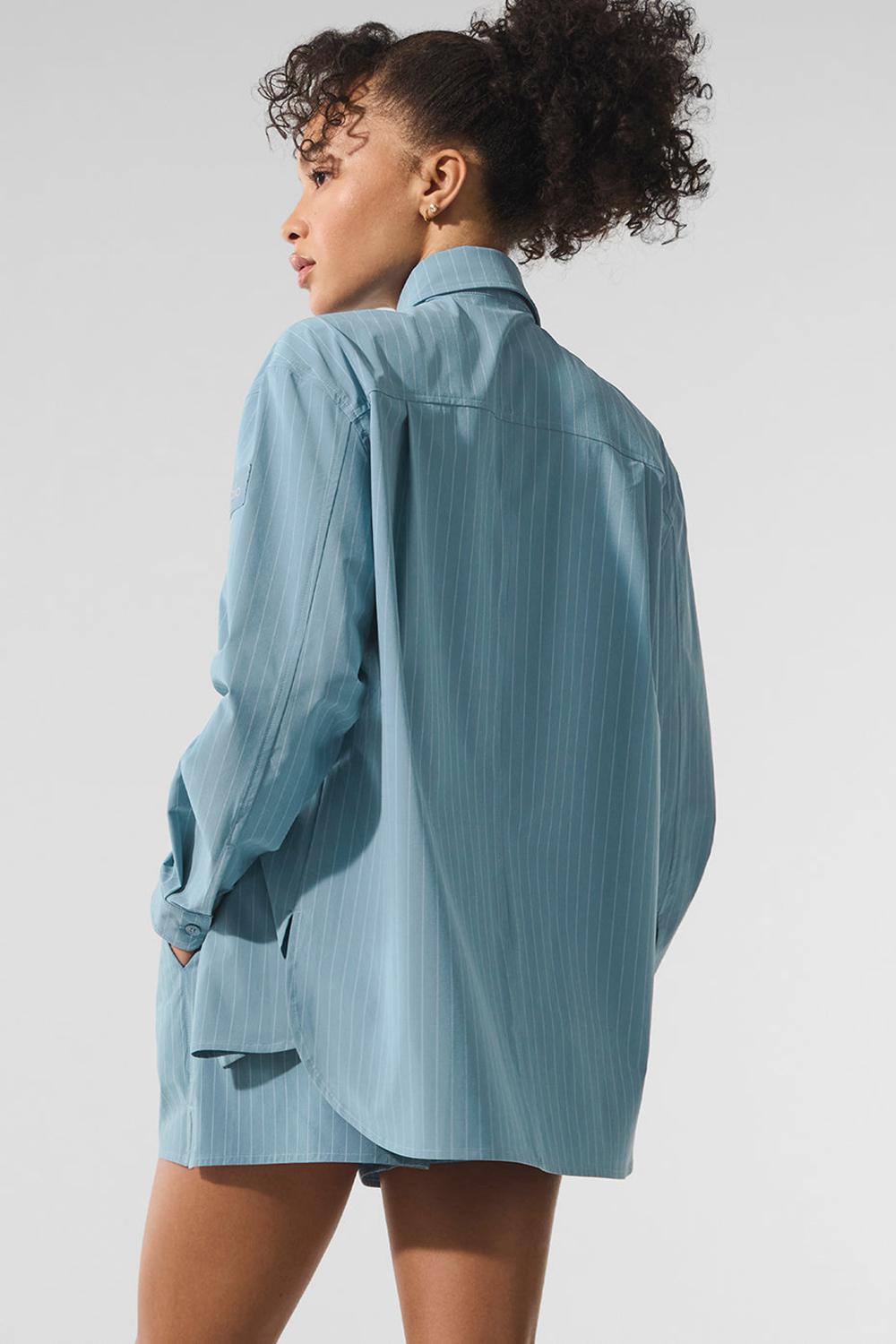 Manga Larga Alo Yoga Pinstripe Daylight Button Down Mujer Azules Azules Blancos | Mexico  FTA-427018