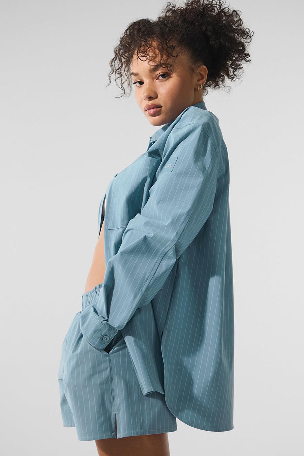 Manga Larga Alo Yoga Pinstripe Daylight Button Down Mujer Azules Azules Blancos | Mexico  FTA-427018