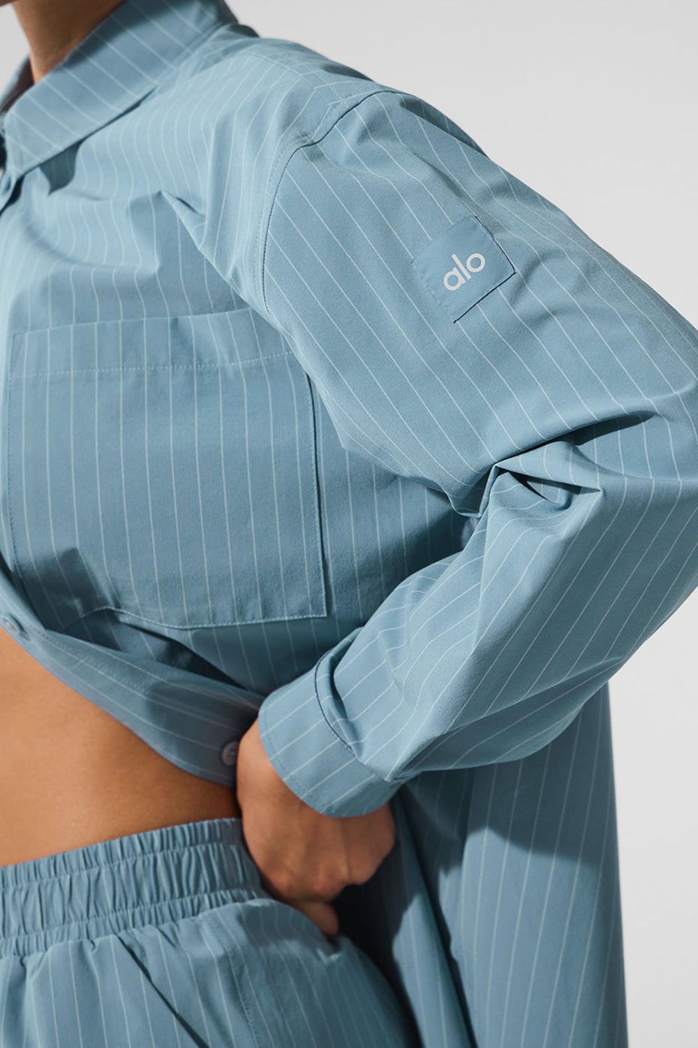 Manga Larga Alo Yoga Pinstripe Daylight Button Down Mujer Azules Azules Blancos | Mexico  FTA-427018