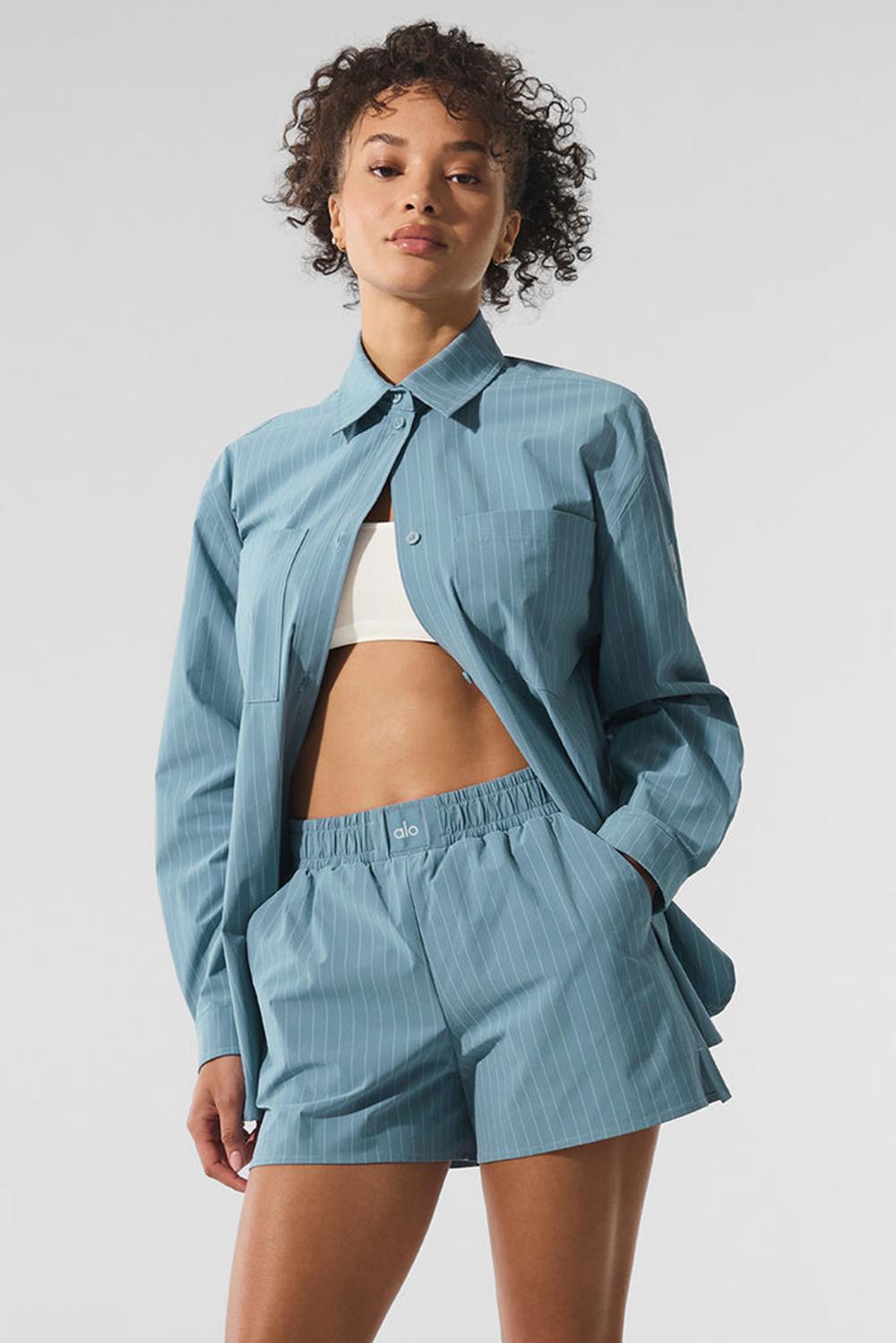 Manga Larga Alo Yoga Pinstripe Daylight Button Down Mujer Azules Azules Blancos | Mexico  FTA-427018