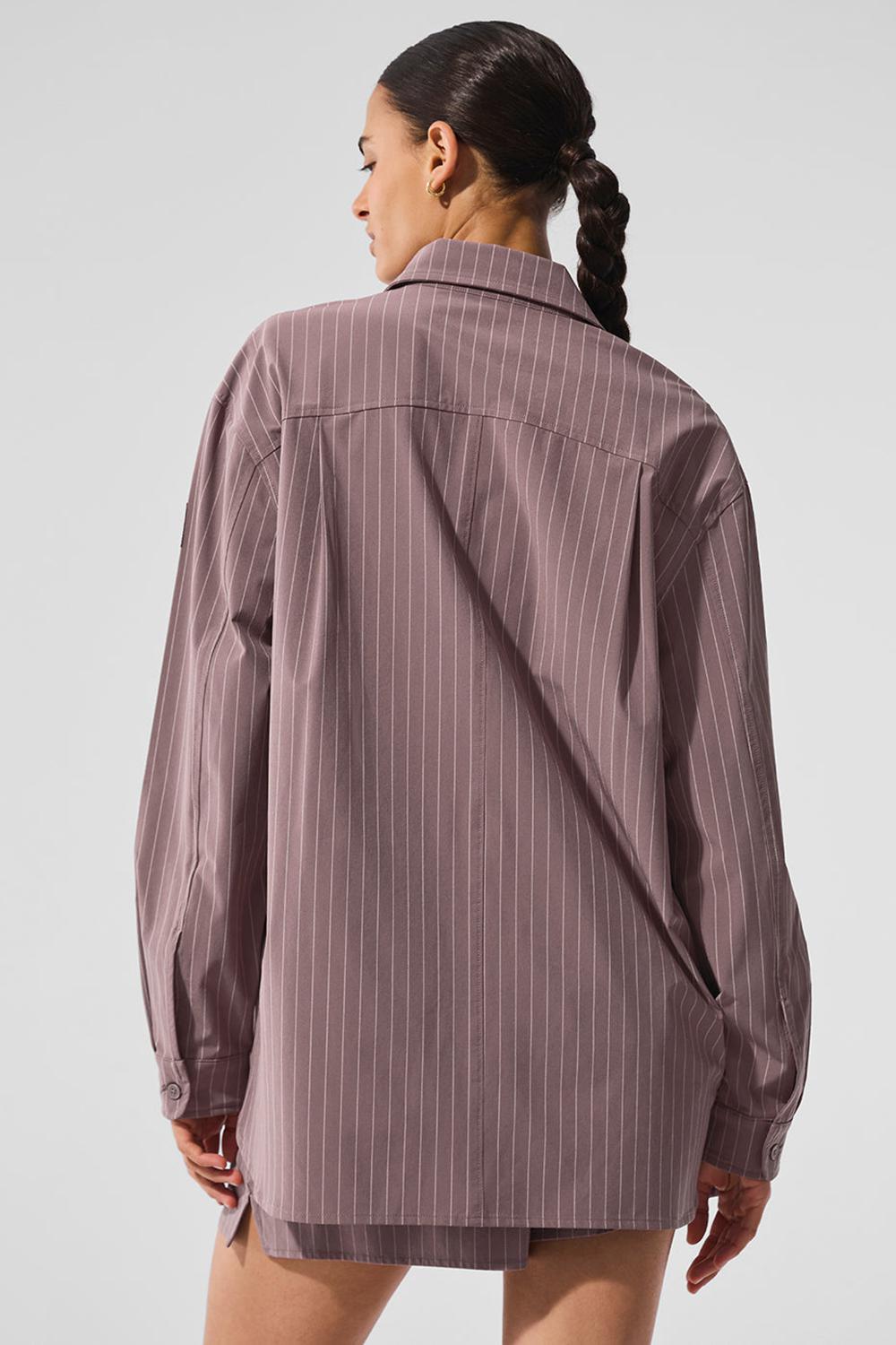 Manga Larga Alo Yoga Pinstripe Daylight Button Down Mujer Mushroom / Ivory | Mexico  FLG-562378
