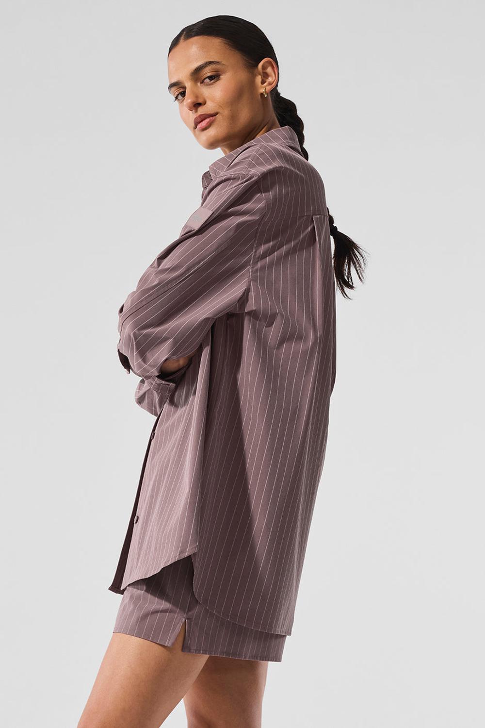 Manga Larga Alo Yoga Pinstripe Daylight Button Down Mujer Mushroom / Ivory | Mexico  FLG-562378