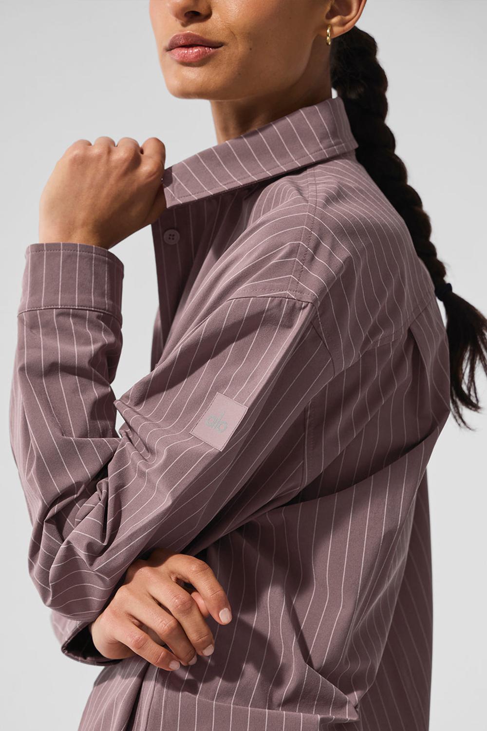 Manga Larga Alo Yoga Pinstripe Daylight Button Down Mujer Mushroom / Ivory | Mexico  FLG-562378