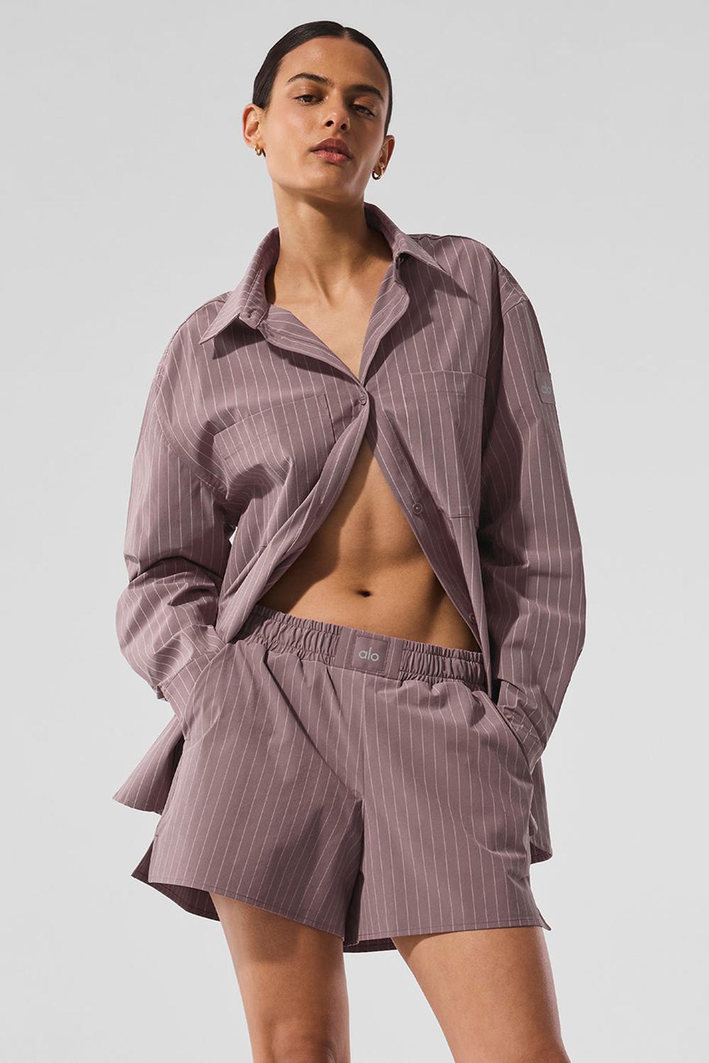 Manga Larga Alo Yoga Pinstripe Daylight Button Down Mujer Mushroom / Ivory | Mexico  FLG-562378