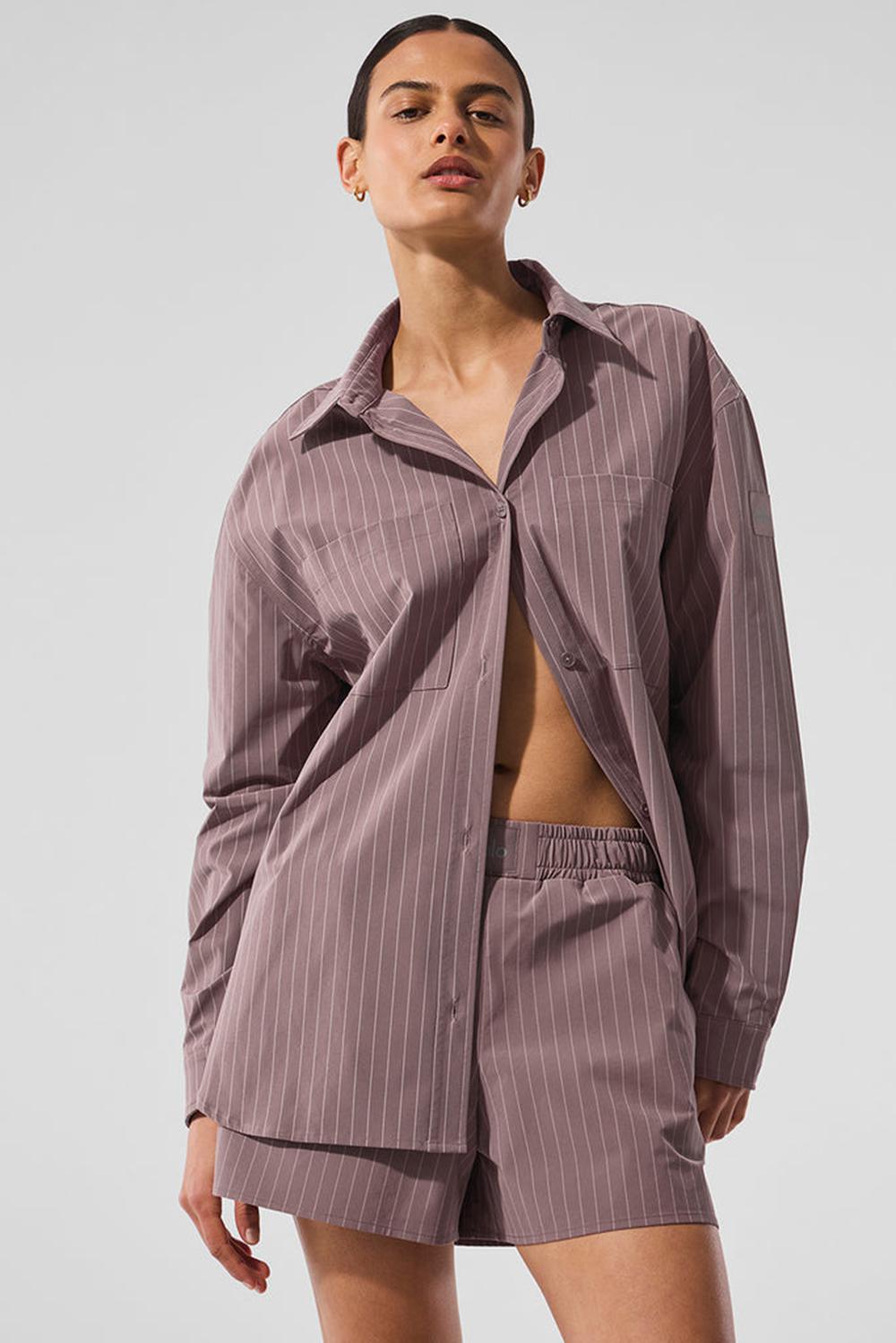 Manga Larga Alo Yoga Pinstripe Daylight Button Down Mujer Mushroom / Ivory | Mexico  FLG-562378