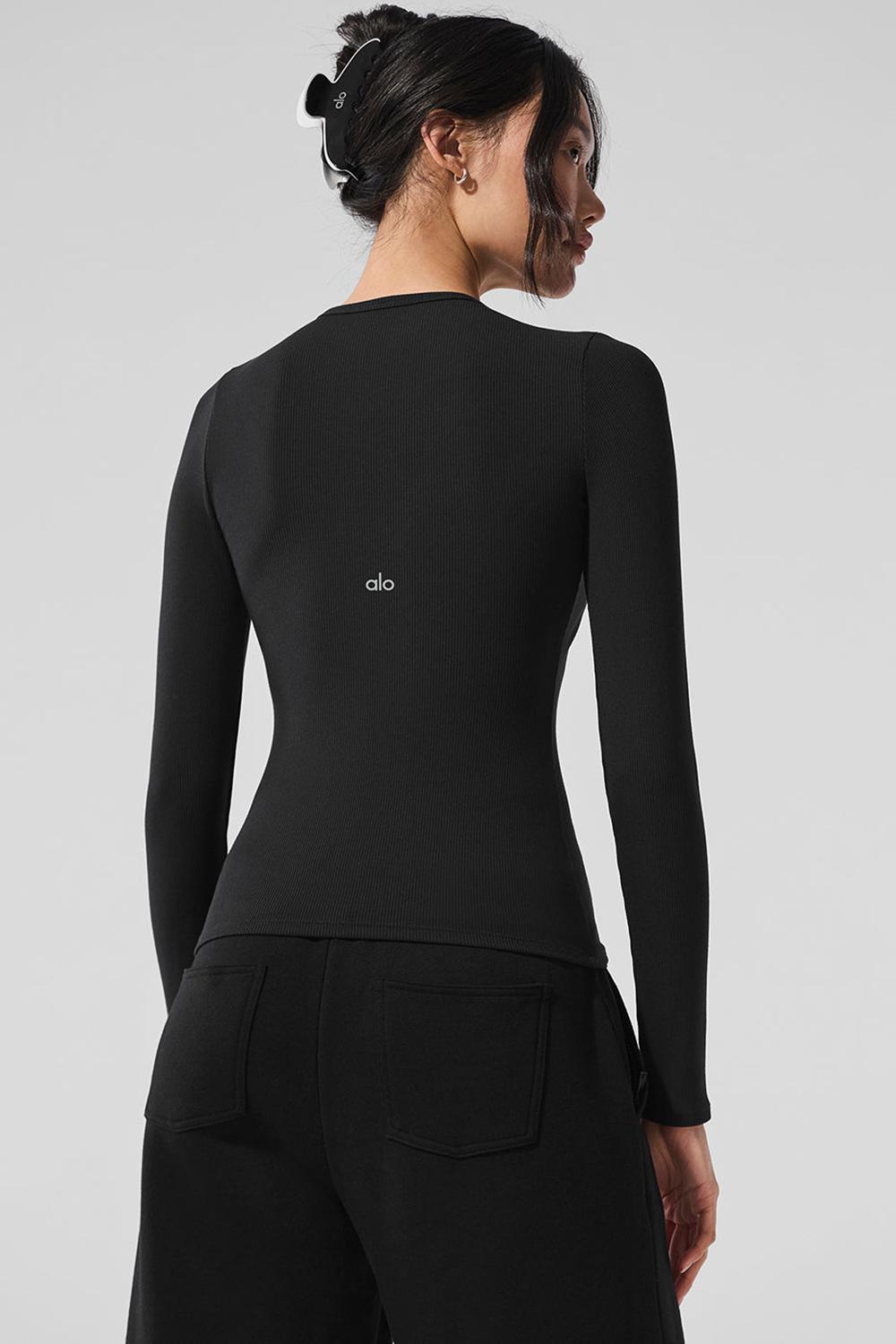 Manga Larga Alo Yoga Ribbed Modal Mujer Negros | Mexico  KBJ-921057