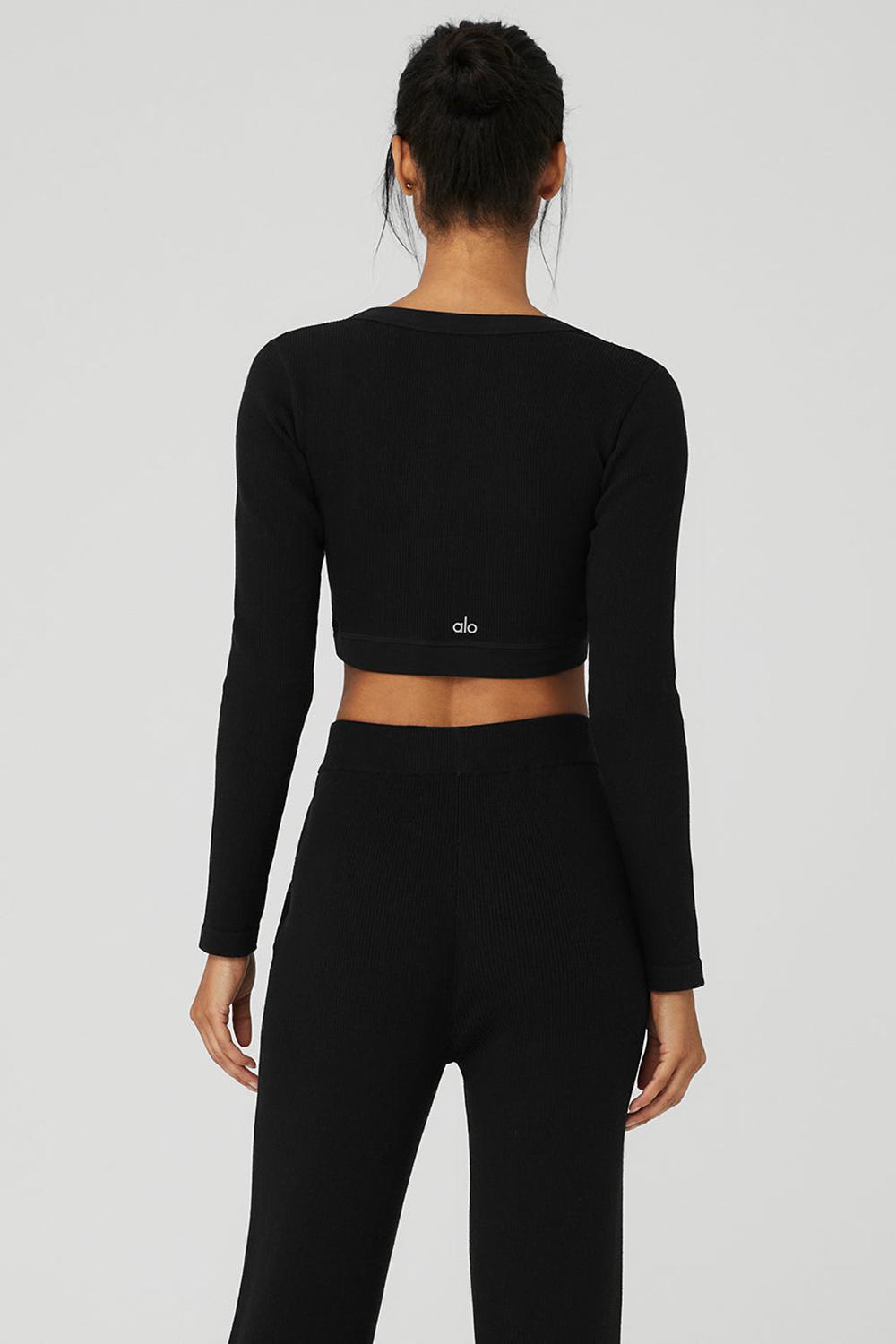 Manga Larga Alo Yoga Seamless Ribbed Cropped Serene Mujer Negros | Mexico  WOT-125897