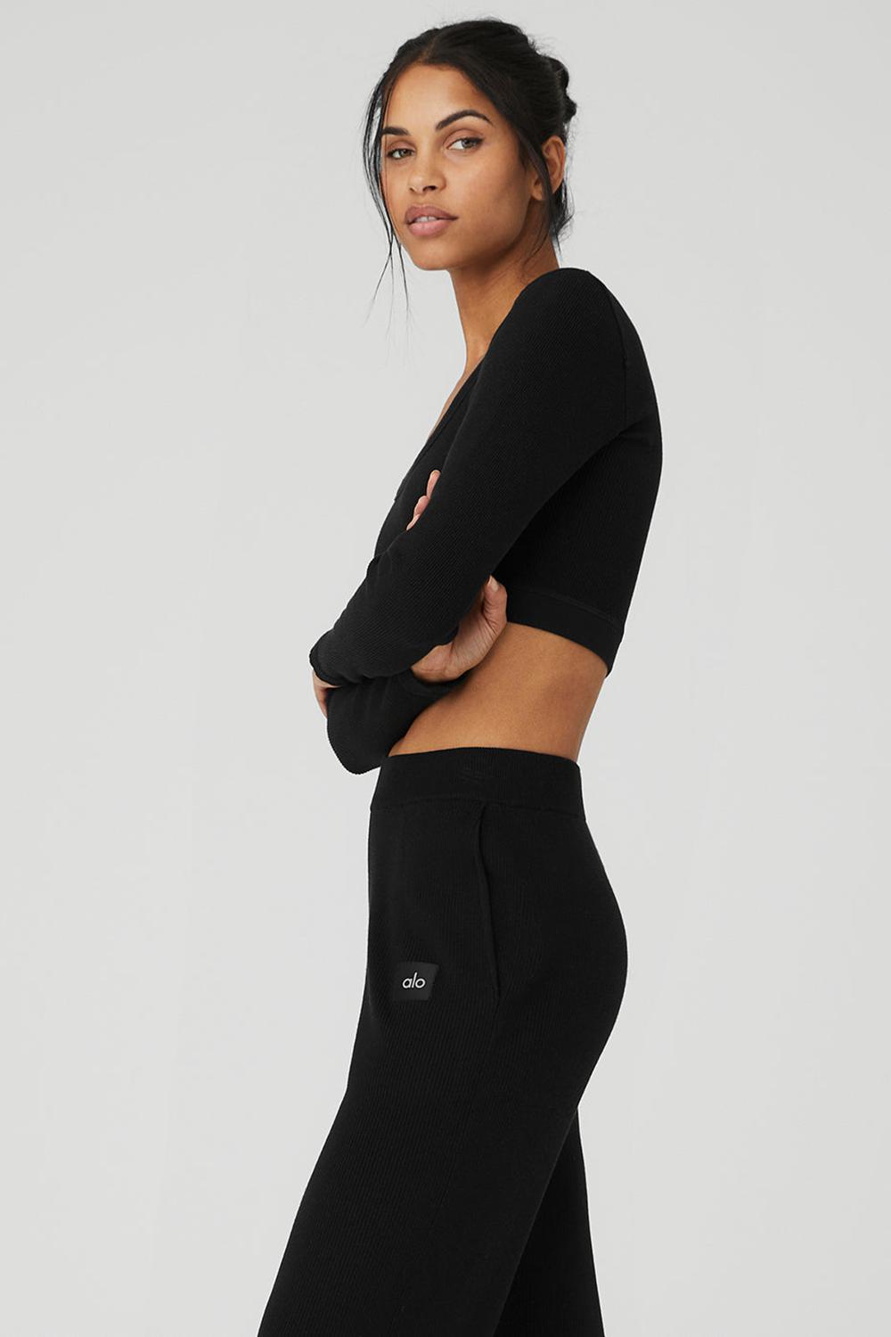Manga Larga Alo Yoga Seamless Ribbed Cropped Serene Mujer Negros | Mexico  WOT-125897
