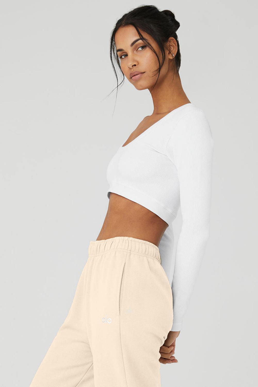 Manga Larga Alo Yoga Seamless Ribbed Cropped Serene Mujer Blancos | Mexico  TYG-148925