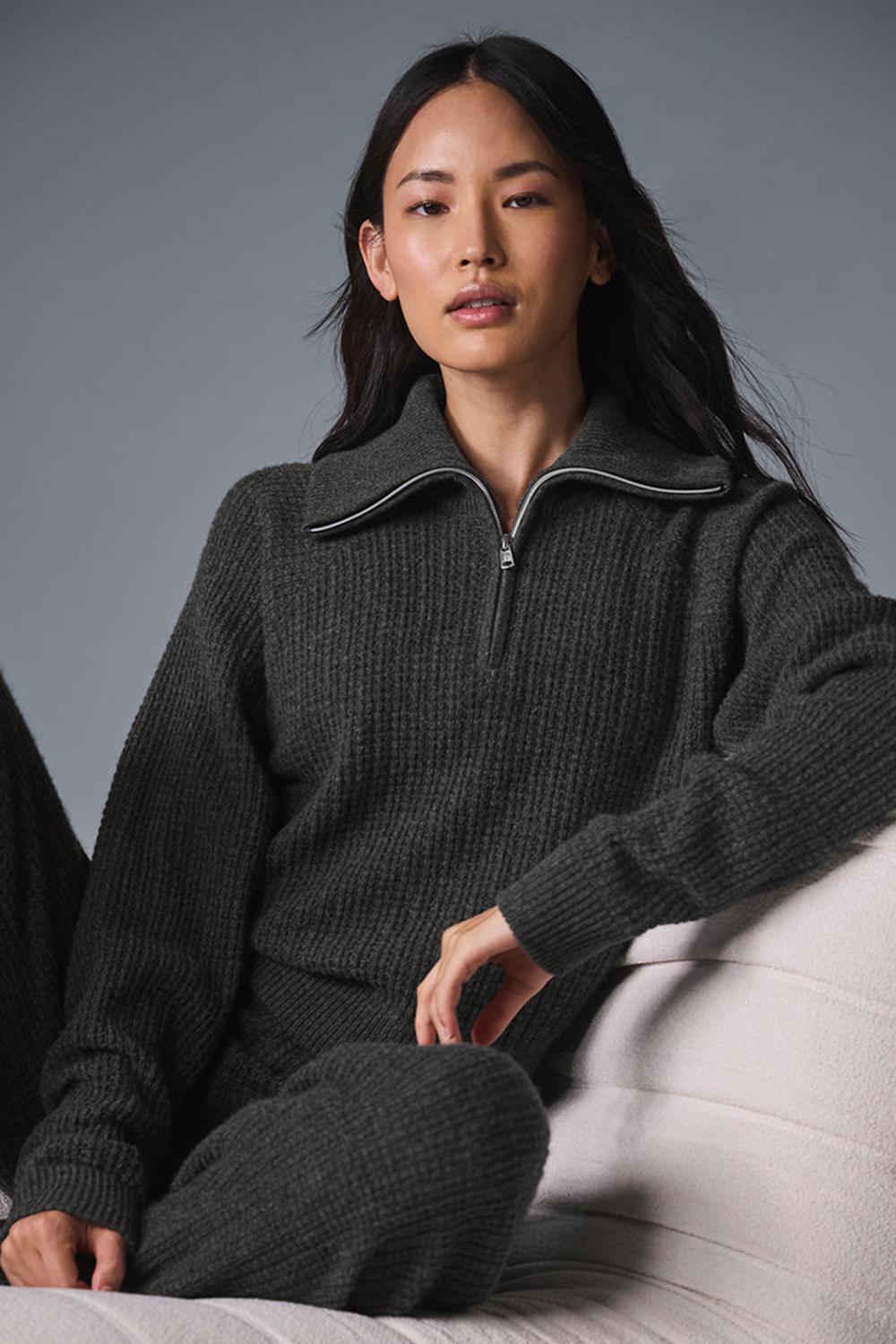 Pullover Alo Yoga Cashmere Plush Waffle 1/4 Zip Mujer Azules Grises | Mexico  GHD-596170