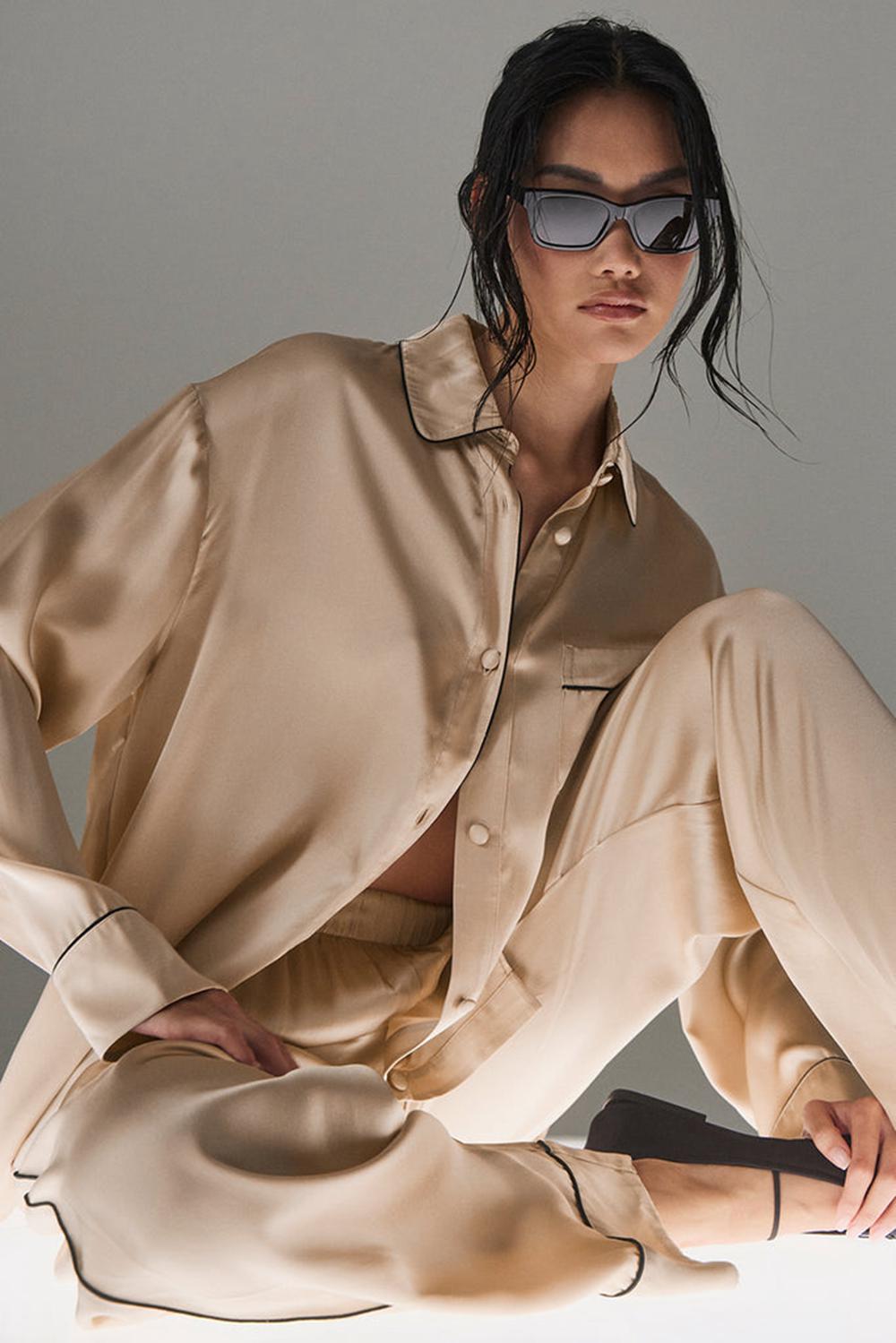 Ropa Interior Alo Yoga Courchevel Silk Button Down Mujer Negros | Mexico  EWT-712965