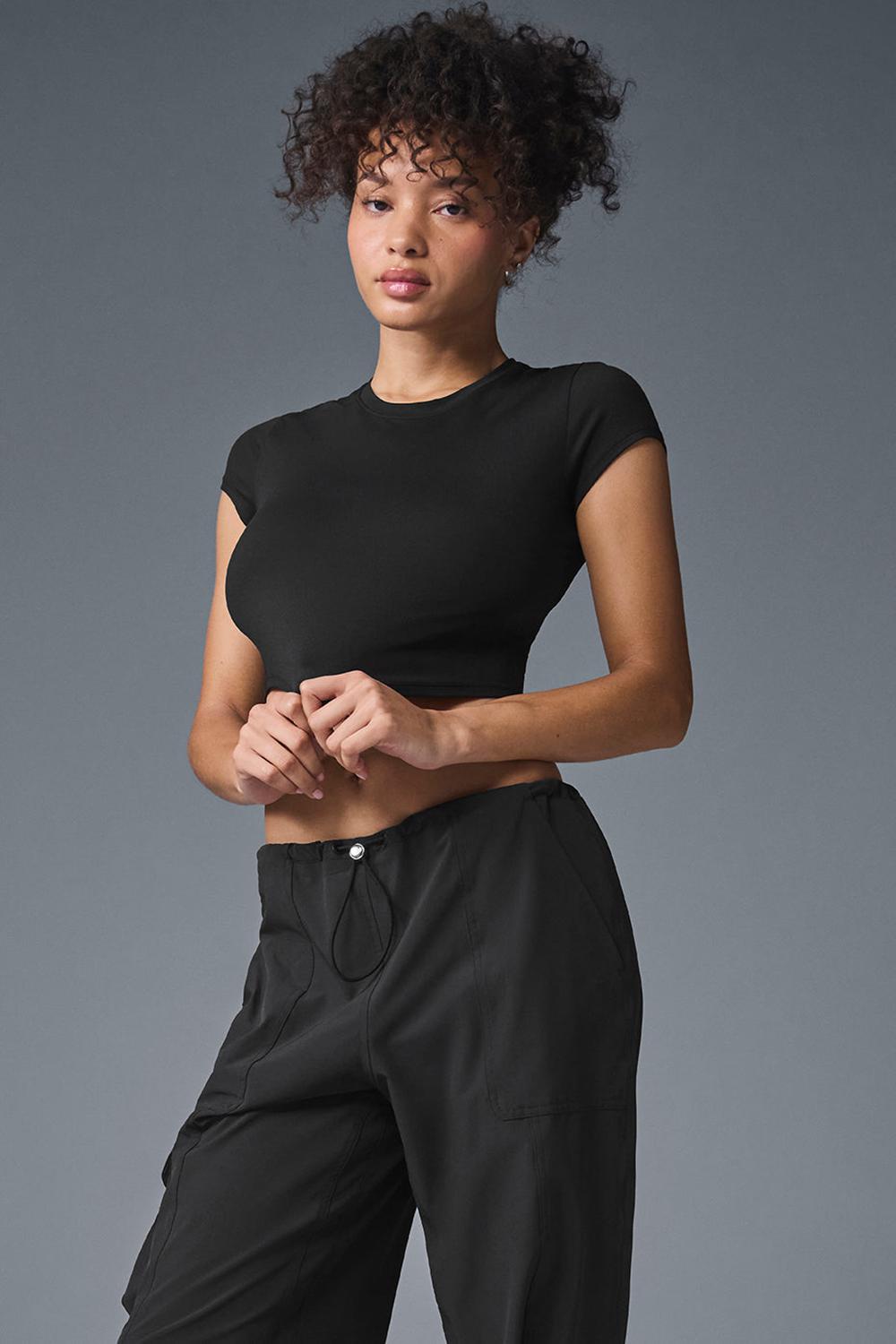 Short Sleeve Alo Yoga Alosoft Crop Finesse Mujer Negros | Mexico  TIL-364890