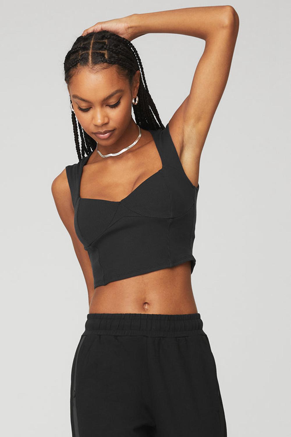 Short Sleeve Alo Yoga Ribbed Sweetheart Mujer Negros | Mexico  DZX-478925