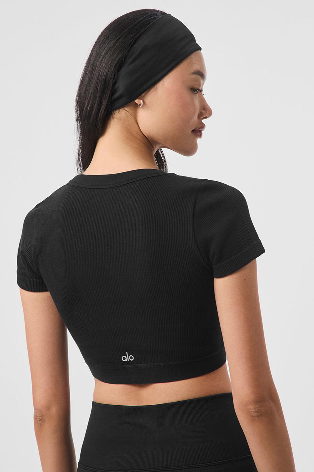 Short Sleeve Alo Yoga Seamless Ribbed Cropped Serene Mujer Negros | Mexico  EKS-574390