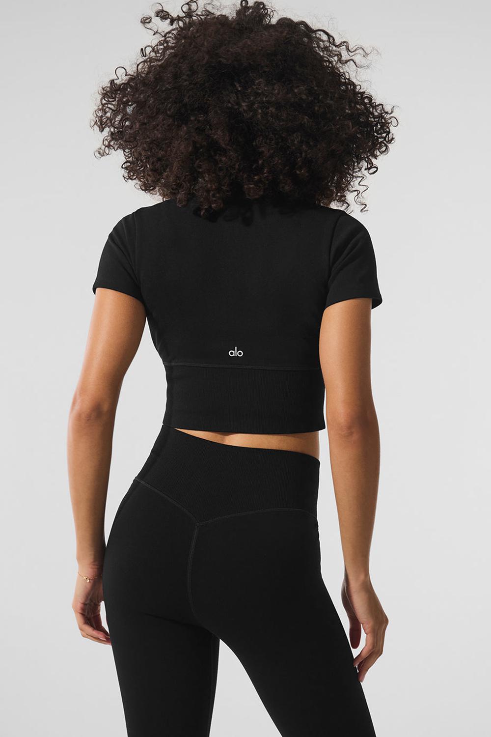 Short Sleeve Alo Yoga Seamless Winter Warm Plush Cropped Mujer Negros | Mexico  HVD-049186
