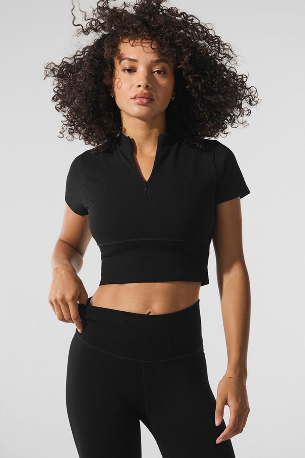 Short Sleeve Alo Yoga Seamless Winter Warm Plush Cropped Mujer Negros | Mexico  HVD-049186