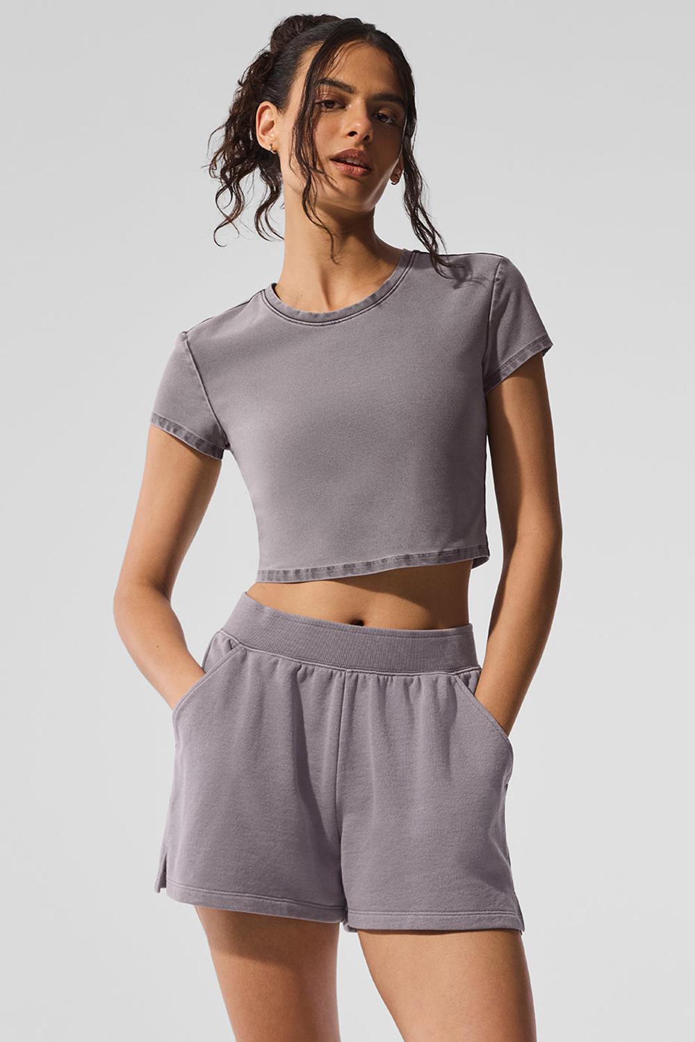 Short Sleeve Alo Yoga Washed Alosoft Crop Finesse Mujer Grises Azules | Mexico  XQG-621938
