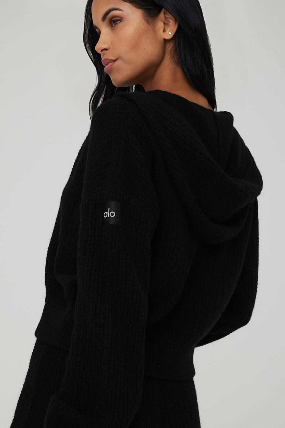 Sudadera con Capucha Alo Yoga Cashmere Plush Waffle Full Zip Mujer Negros | Mexico  TSZ-472581