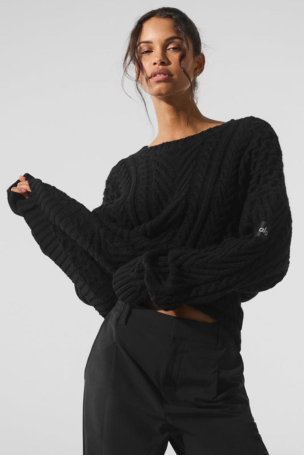 Suéteres Alo Yoga Cable Knit Crew Neck Mujer Negros | Mexico  XQI-825130
