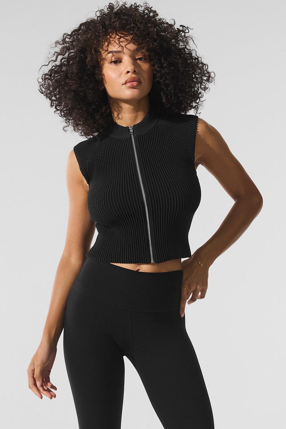 Tops Alo Yoga Denim Knit Sleeveless Full Zip Mujer Negros | Mexico  TQH-248051