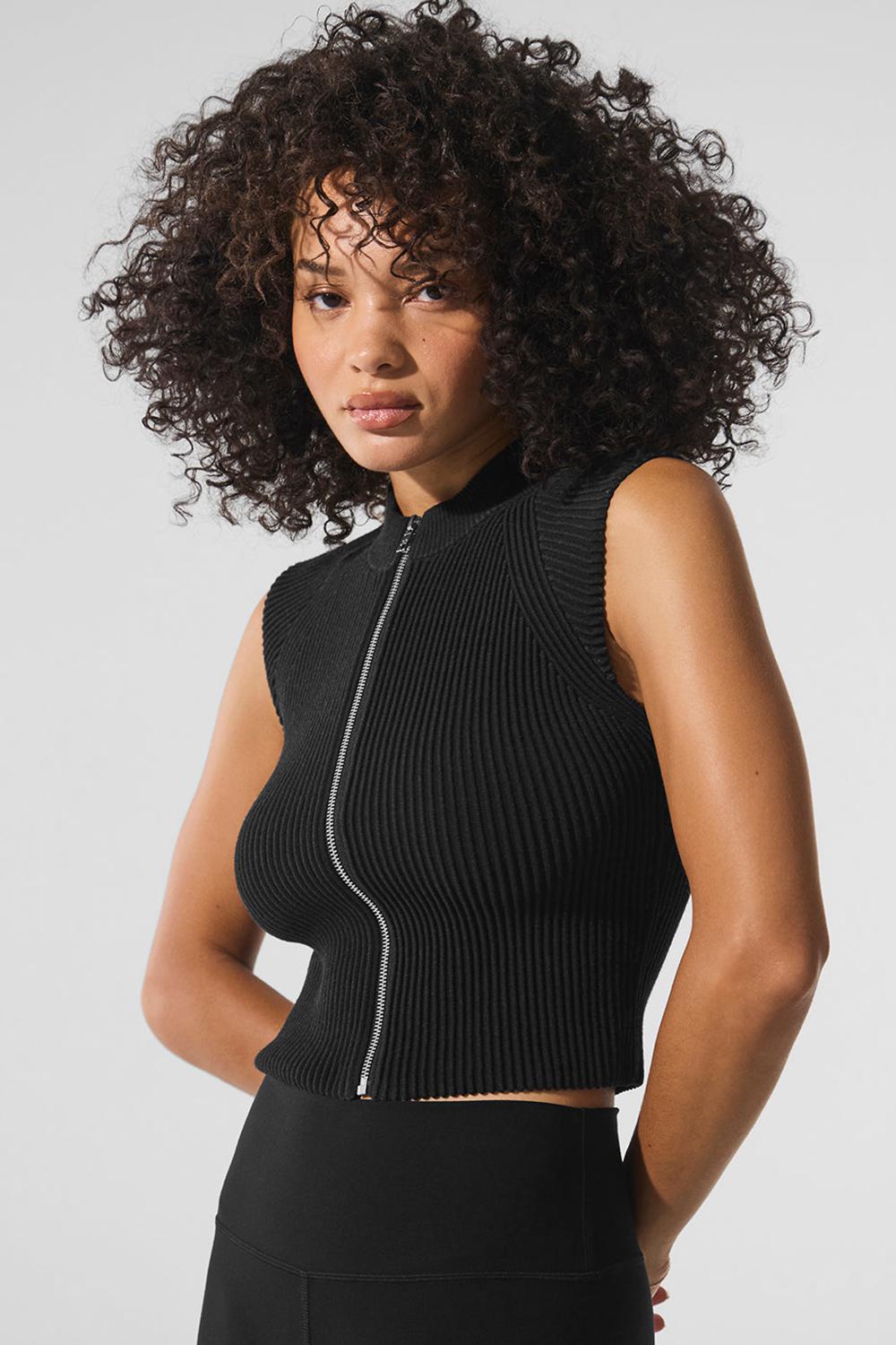 Tops Alo Yoga Denim Knit Sleeveless Full Zip Mujer Negros | Mexico  TQH-248051