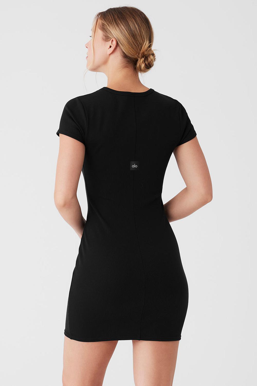 Vestido Alo Yoga Goddess Ribbed Short Sleeve Mujer Negros | Mexico  WNA-031475