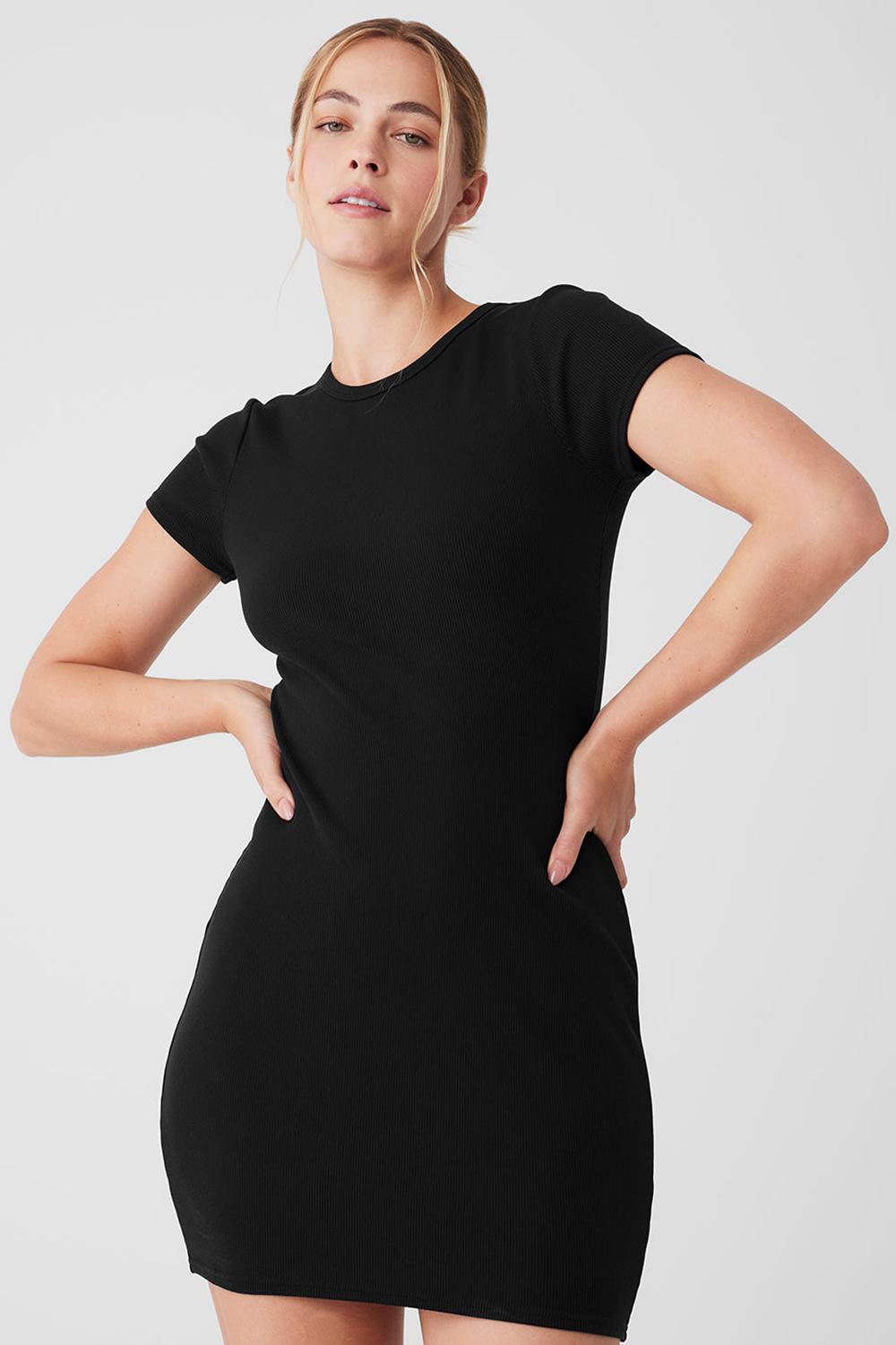 Vestido Alo Yoga Goddess Ribbed Short Sleeve Mujer Negros | Mexico  WNA-031475