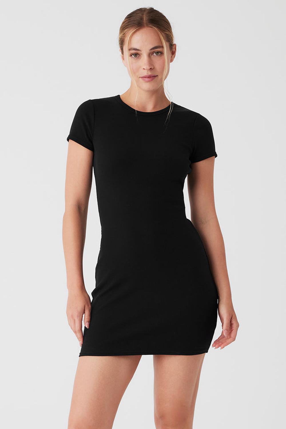 Vestido Alo Yoga Goddess Ribbed Short Sleeve Mujer Negros | Mexico  WNA-031475