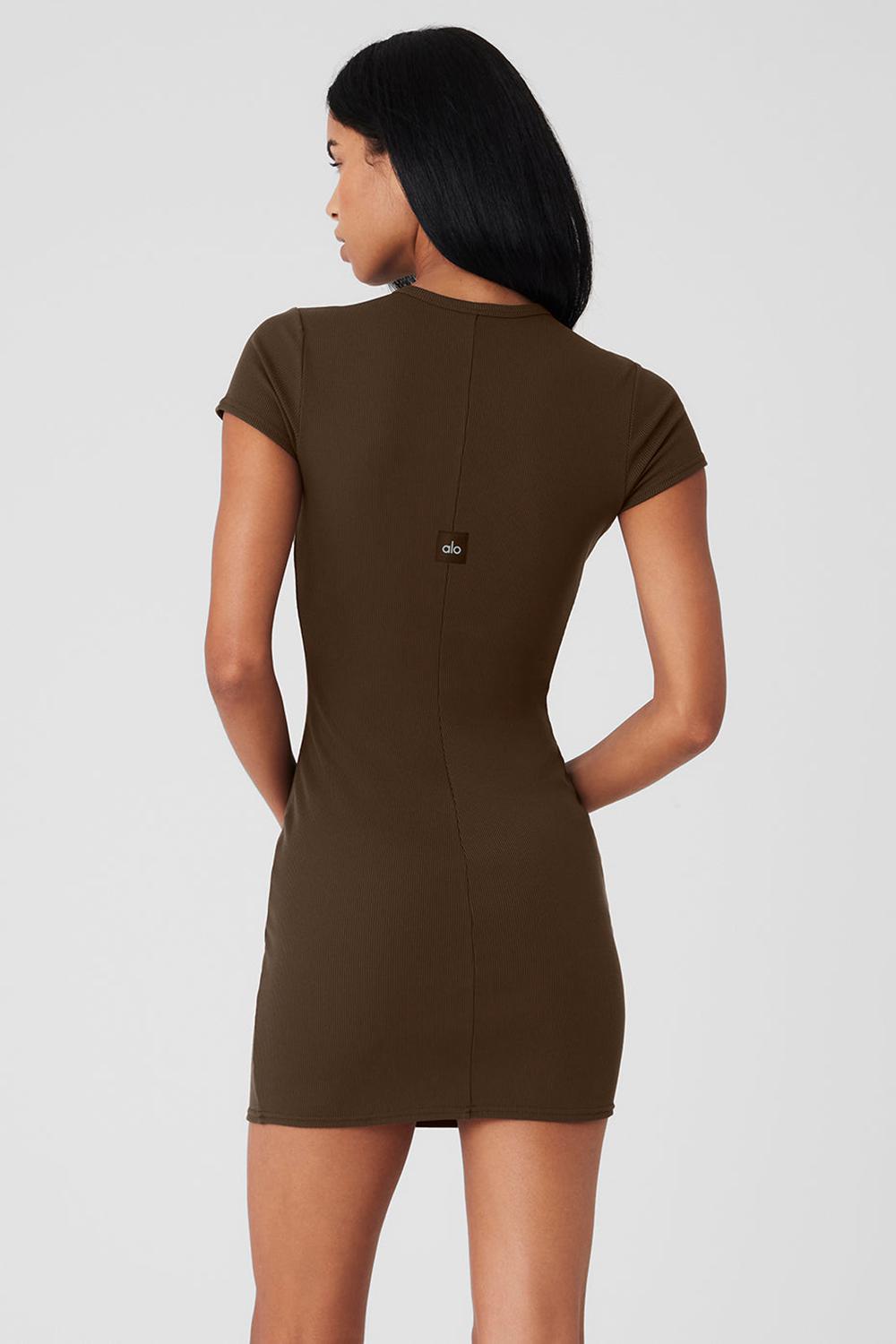Vestido Alo Yoga Goddess Ribbed Short Sleeve Mujer Espresso | Mexico  LIP-206945