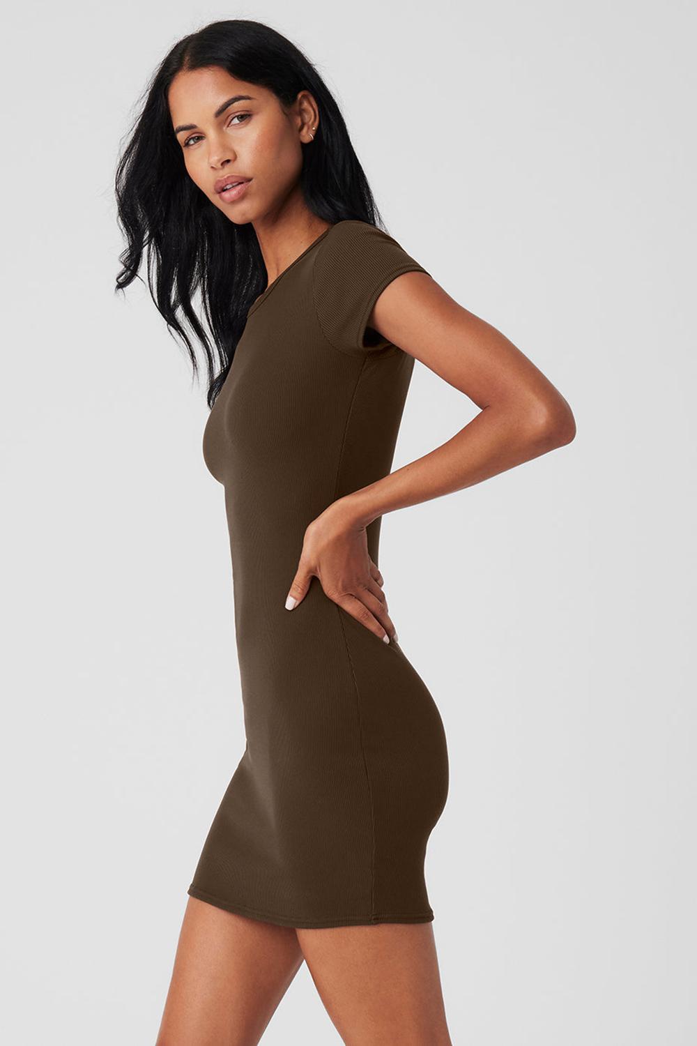 Vestido Alo Yoga Goddess Ribbed Short Sleeve Mujer Espresso | Mexico  LIP-206945