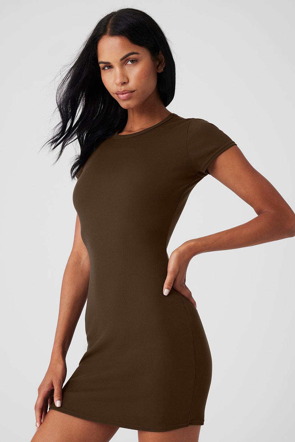 Vestido Alo Yoga Goddess Ribbed Short Sleeve Mujer Espresso | Mexico  LIP-206945