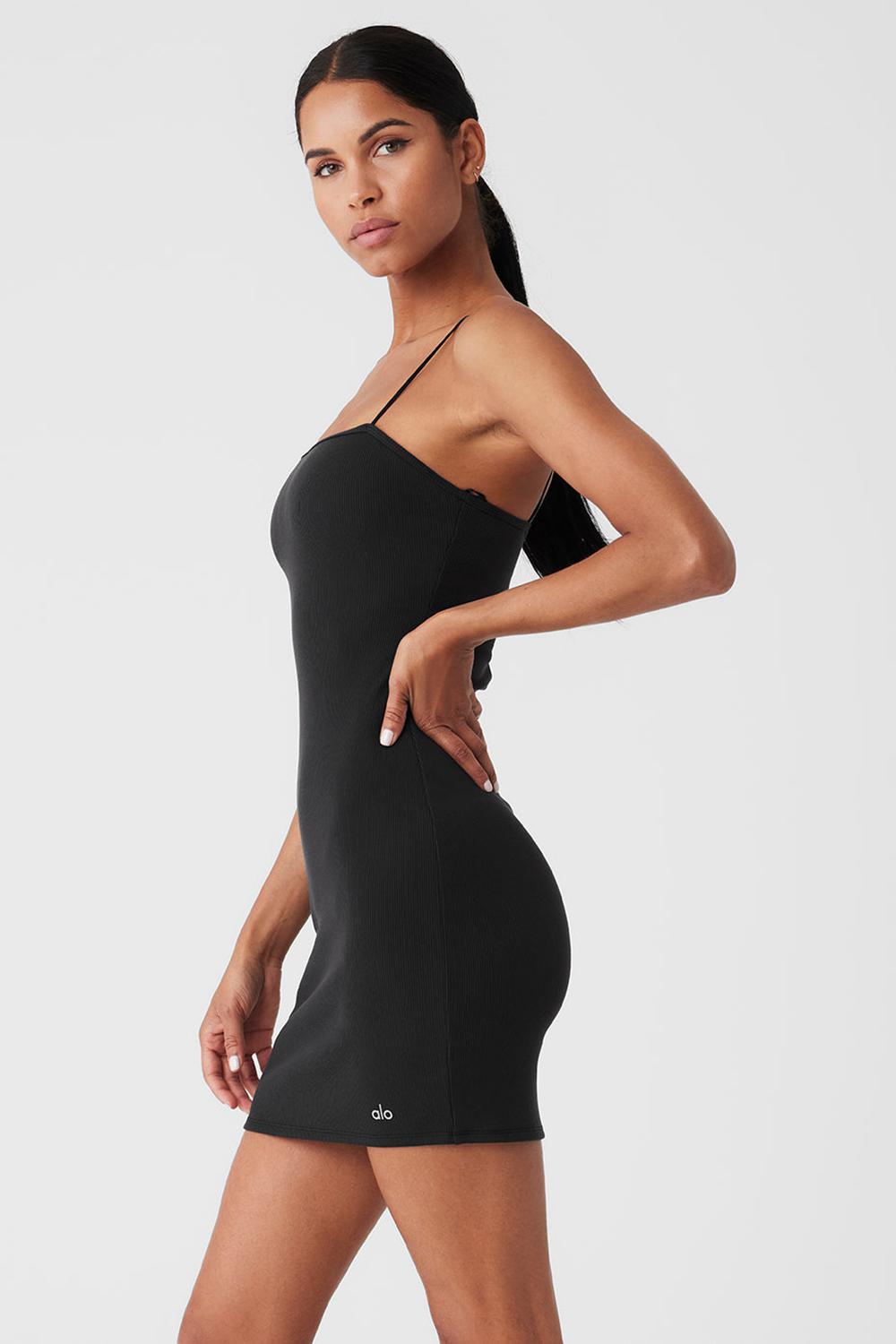 Vestido Alo Yoga Goddess Ribbed Spaghetti Strap Mujer Negros | Mexico  NIP-963250