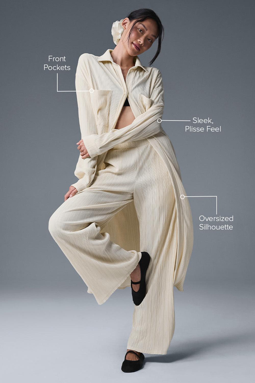 Vestido Alo Yoga Micro Plisse Shirt Mujer Oat Milk | Mexico  RXB-409527